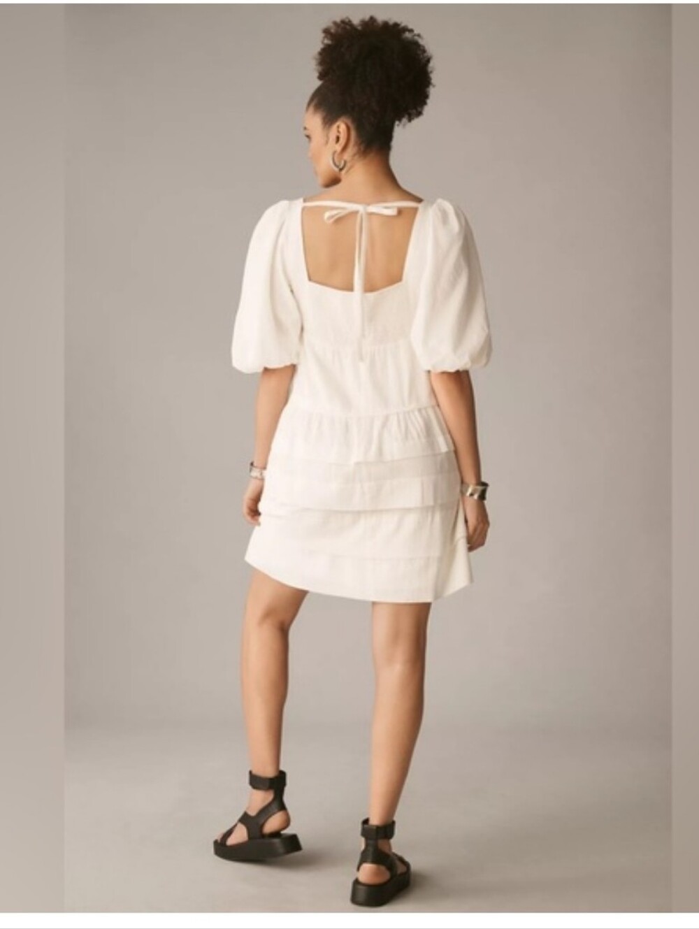 Anthropologie Square-Neck Puff-Sleeve Tiered Mini Dress White M - Picture 3 of 17